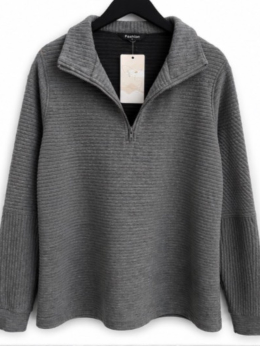 Women's Gray Ribbed Quarter-Zip Pullover – Size Large (NWT)